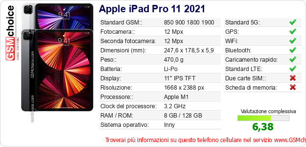 Apple iPad Pro 11 2021 Dati tecnici di telefono cellulare 
