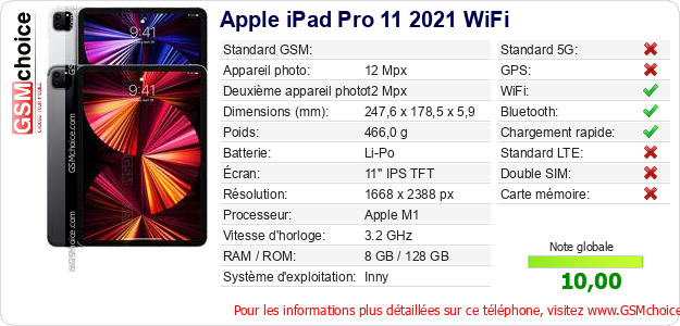 Apple iPad Pro 11 2021 WiFi Fiche technique Apple iPad Pro 11 2021 WiFi Fiche technique