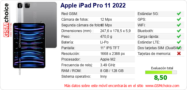 Apple iPad Pro 11 2022 Datos técnicos del móvil 