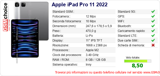 Apple iPad Pro 11 2022 Dati tecnici di telefono cellulare 