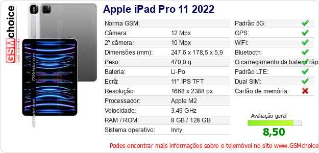 Apple iPad Pro 11 2022 Especificações técnicas do telemóvel 