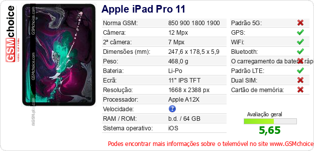 Apple iPad Pro 11 Especificações técnicas do telemóvel 