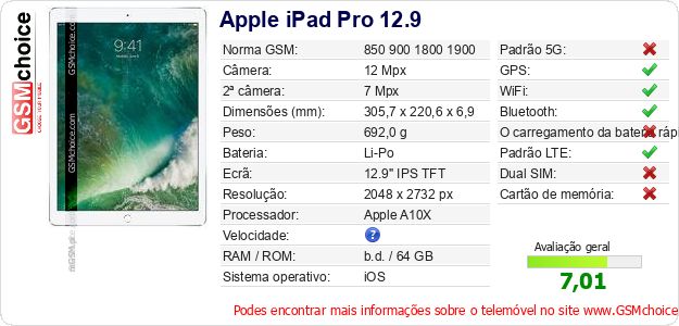 Apple iPad Pro 12.9 Especificações técnicas do telemóvel Apple iPad Pro 12.9 Especificações técnicas do telemóvel
