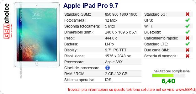 Apple iPad Pro 9.7 Dati tecnici di telefono cellulare 