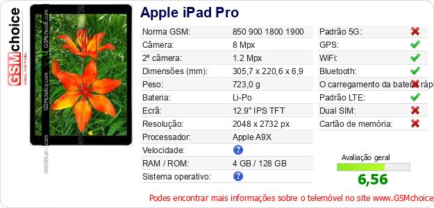 Apple iPad Pro Especificações técnicas do telemóvel Apple iPad Pro Especificações técnicas do telemóvel