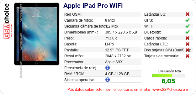 Apple iPad Pro WiFi Datos técnicos del móvil 
