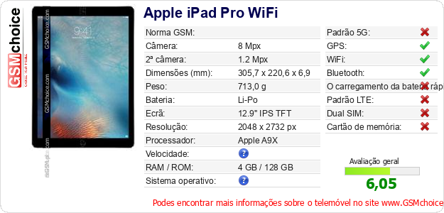 Apple iPad Pro WiFi Especificações técnicas do telemóvel 