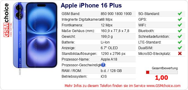Apple iPhone 16 Plus technische Daten Apple iPhone 16 Plus technische Daten