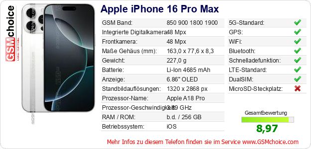 Apple iPhone 16 Pro Max technische Daten Apple iPhone 16 Pro Max technische Daten