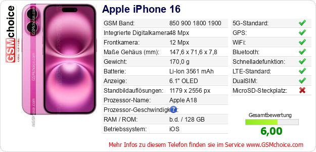 Apple iPhone 16 technische Daten Apple iPhone 16 technische Daten