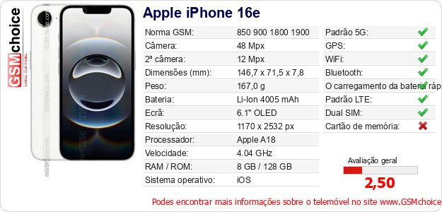 Apple iPhone 16e Especificações técnicas do telemóvel Apple iPhone 16e Especificações técnicas do telemóvel