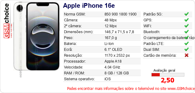 Apple iPhone 16e Especificações técnicas do telemóvel Apple iPhone 16e Especificações técnicas do telemóvel