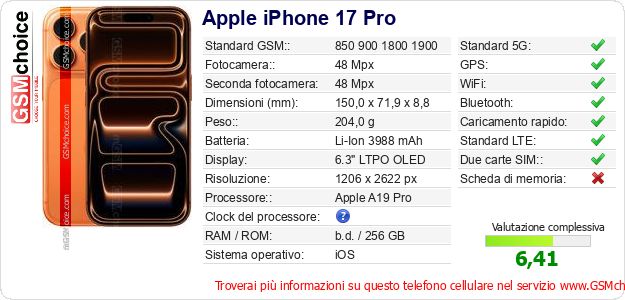 Apple iPhone 17 Pro Dati tecnici di telefono cellulare Apple iPhone 17 Pro Dati tecnici di telefono cellulare