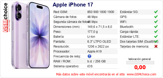 Apple iPhone 17 Datos técnicos del móvil Apple iPhone 17 Datos técnicos del móvil