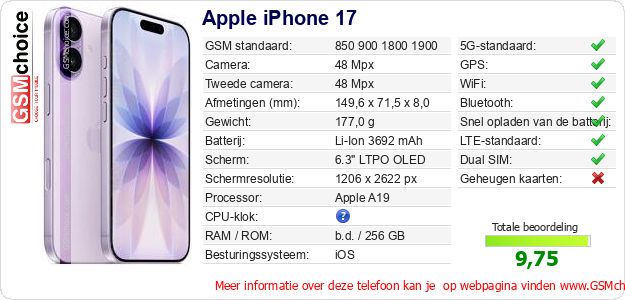 Apple iPhone 17 Technische gegevens Apple iPhone 17 Technische gegevens