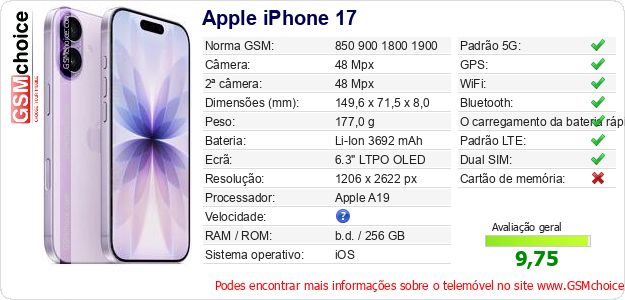 Apple iPhone 17 Especificações técnicas do telemóvel Apple iPhone 17 Especificações técnicas do telemóvel