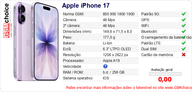 Apple iPhone 17 Especificações técnicas do telemóvel 