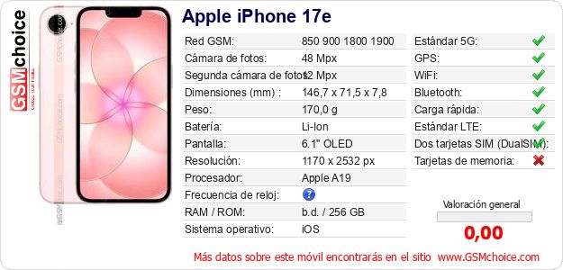 Apple iPhone 17e Datos técnicos del móvil Apple iPhone 17e Datos técnicos del móvil
