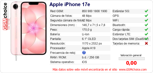 Apple iPhone 17e Datos técnicos del móvil Apple iPhone 17e Datos técnicos del móvil