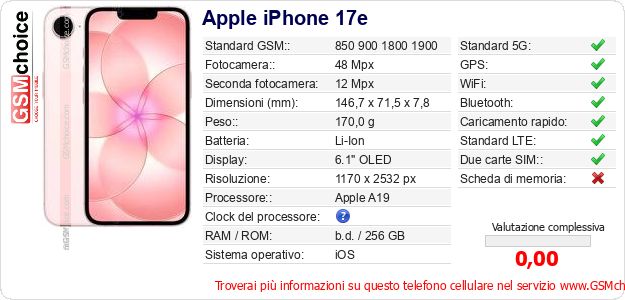 Apple iPhone 17e Dati tecnici di telefono cellulare 