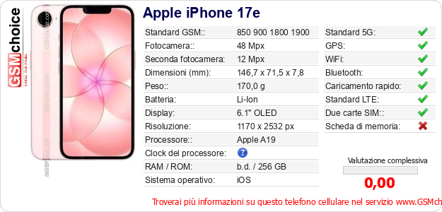 Apple iPhone 17e Dati tecnici di telefono cellulare Apple iPhone 17e Dati tecnici di telefono cellulare
