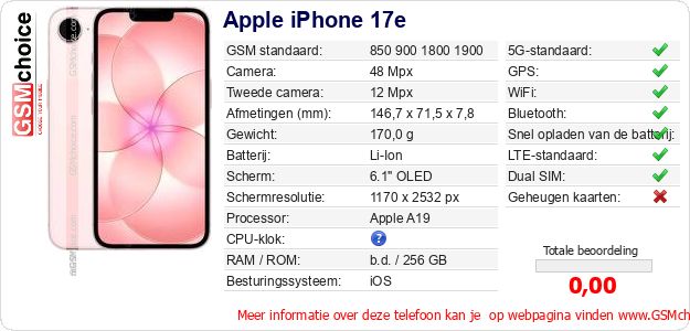 Apple iPhone 17e Technische gegevens Apple iPhone 17e Technische gegevens