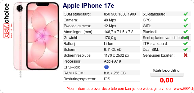 Apple iPhone 17e Technische gegevens Apple iPhone 17e Technische gegevens