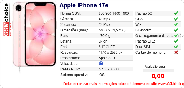 Apple iPhone 17e Especificações técnicas do telemóvel Apple iPhone 17e Especificações técnicas do telemóvel