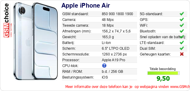 Apple iPhone Air Technische gegevens Apple iPhone Air Technische gegevens