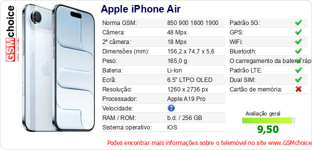 Apple iPhone Air Especificações técnicas do telemóvel 