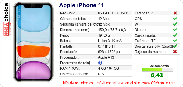 Apple iPhone 11 Datos técnicos del móvil 