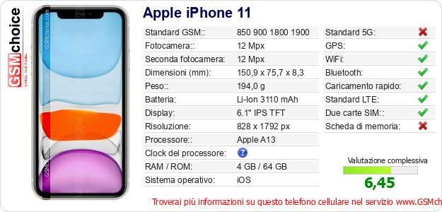 Apple iPhone 11 Dati tecnici di telefono cellulare 