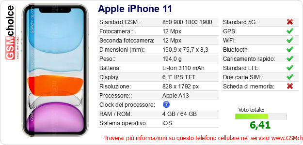 Apple iPhone 11 Dati tecnici di telefono cellulare Apple iPhone 11 Dati tecnici di telefono cellulare
