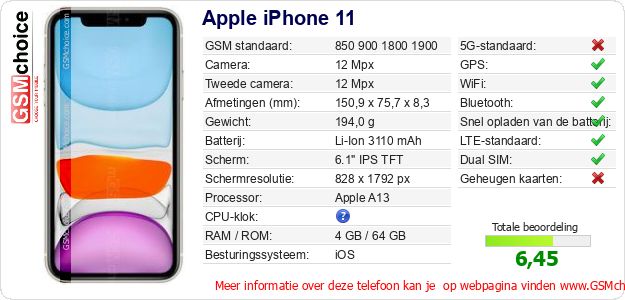 Apple iPhone 11 Technische gegevens 