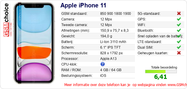 Apple iPhone 11 Technische gegevens Apple iPhone 11 Technische gegevens