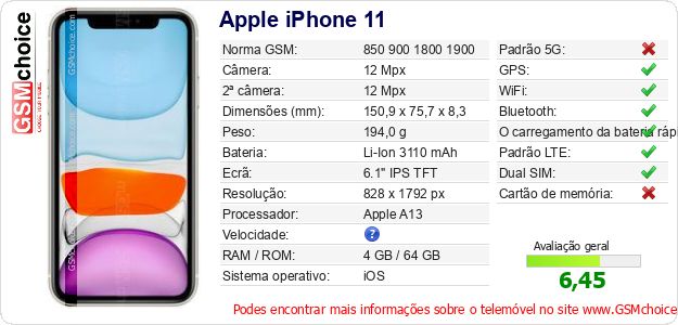 Apple iPhone 11 Especificações técnicas do telemóvel 