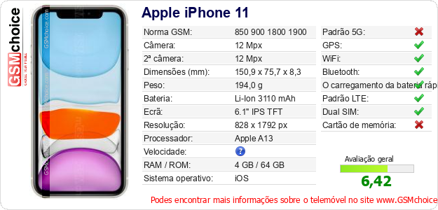 Apple iPhone 11 Especificações técnicas do telemóvel Apple iPhone 11 Especificações técnicas do telemóvel