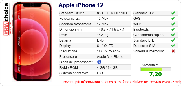 Apple iPhone 12 Dati tecnici di telefono cellulare Apple iPhone 12 Dati tecnici di telefono cellulare