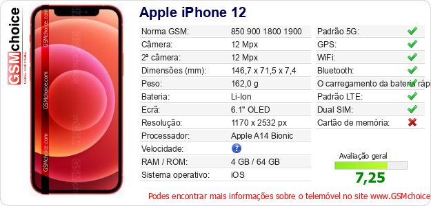 Apple iPhone 12 Especificações técnicas do telemóvel Apple iPhone 12 Especificações técnicas do telemóvel