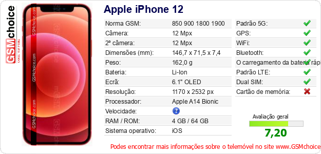 Apple iPhone 12 Especificações técnicas do telemóvel 
