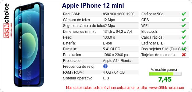 Apple iPhone 12 mini Datos técnicos del móvil Apple iPhone 12 mini Datos técnicos del móvil