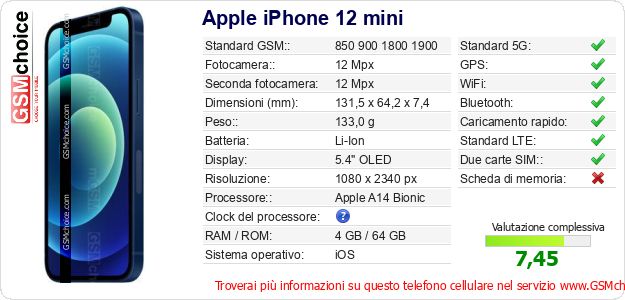 Apple iPhone 12 mini Dati tecnici di telefono cellulare Apple iPhone 12 mini Dati tecnici di telefono cellulare