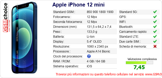 Apple iPhone 12 mini Dati tecnici di telefono cellulare Apple iPhone 12 mini Dati tecnici di telefono cellulare