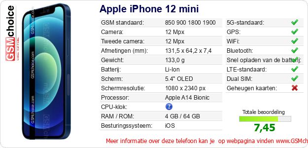 Apple iPhone 12 mini Technische gegevens 
