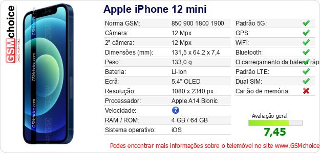 Apple iPhone 12 mini Especificações técnicas do telemóvel Apple iPhone 12 mini Especificações técnicas do telemóvel