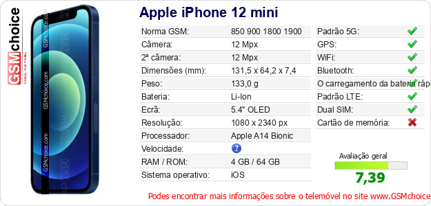 Apple iPhone 12 mini Especificações técnicas do telemóvel 