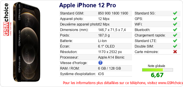Apple iPhone 12 Pro Fiche technique Apple iPhone 12 Pro Fiche technique