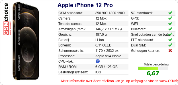 Apple iPhone 12 Pro Technische gegevens Apple iPhone 12 Pro Technische gegevens