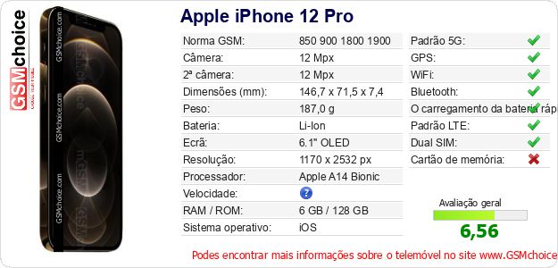 Apple iPhone 12 Pro Especificações técnicas do telemóvel Apple iPhone 12 Pro Especificações técnicas do telemóvel
