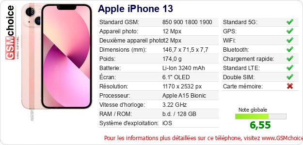 Apple iPhone 13 Fiche technique